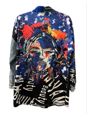 Frank Lyman 243528U Abstract Denim-Print Oversized Button Down Blouse Large Blue